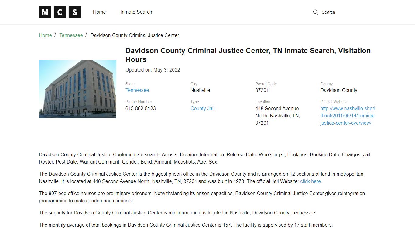 Davidson County, TN Jail Inmates Search, Visitation Rules